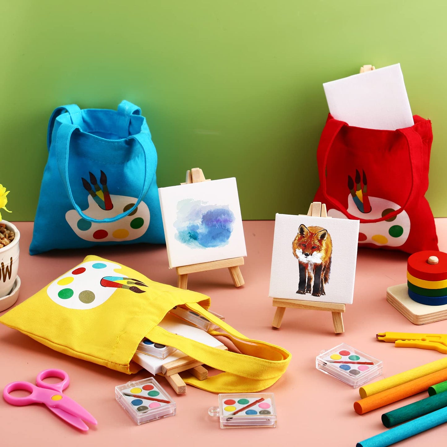 Zhengmy 24 Set Watercolor Paint Art Party Favors Mini Paint Sets Canvas Tote Bags Goodie Bags 3'' X 3'' Painting Canvas Panel Wi