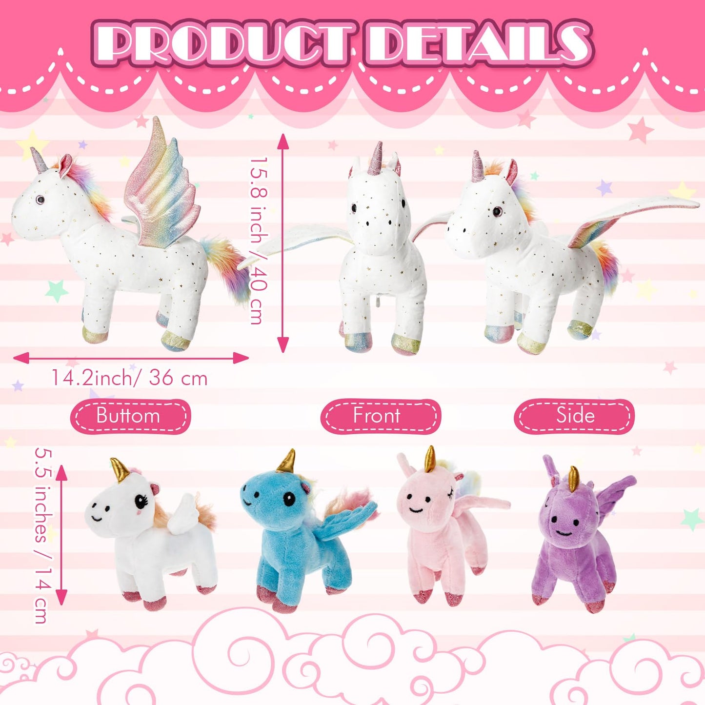Hollowfly Unicorn Plush Toy Set - 5 Pcs, Large & Small, PP Cotton, White/Pink/Blue/Purple/Gold, DUC-Hollowfly-3821