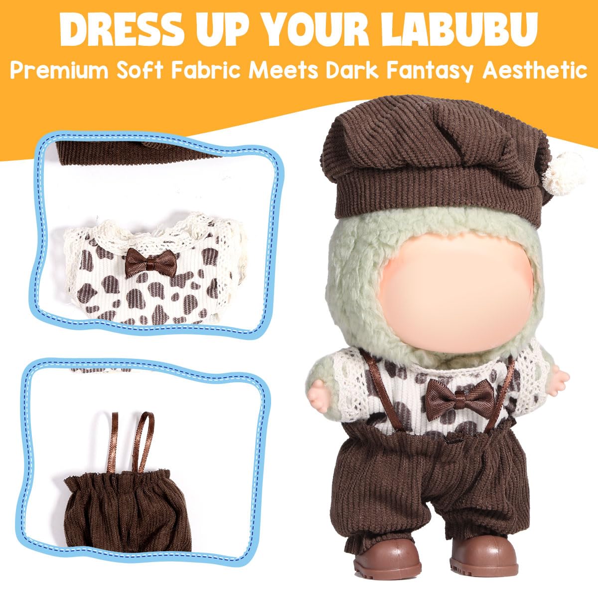 AICase for Labubu Clothes/for Labubu Outfits Clothes Set for 17cm Lububu Doll 3 Piece Set Hat Clothing for LA BUBU  Boys and Girls Stylish Adorable Dolls Clothes Accessories (No Doll)_03