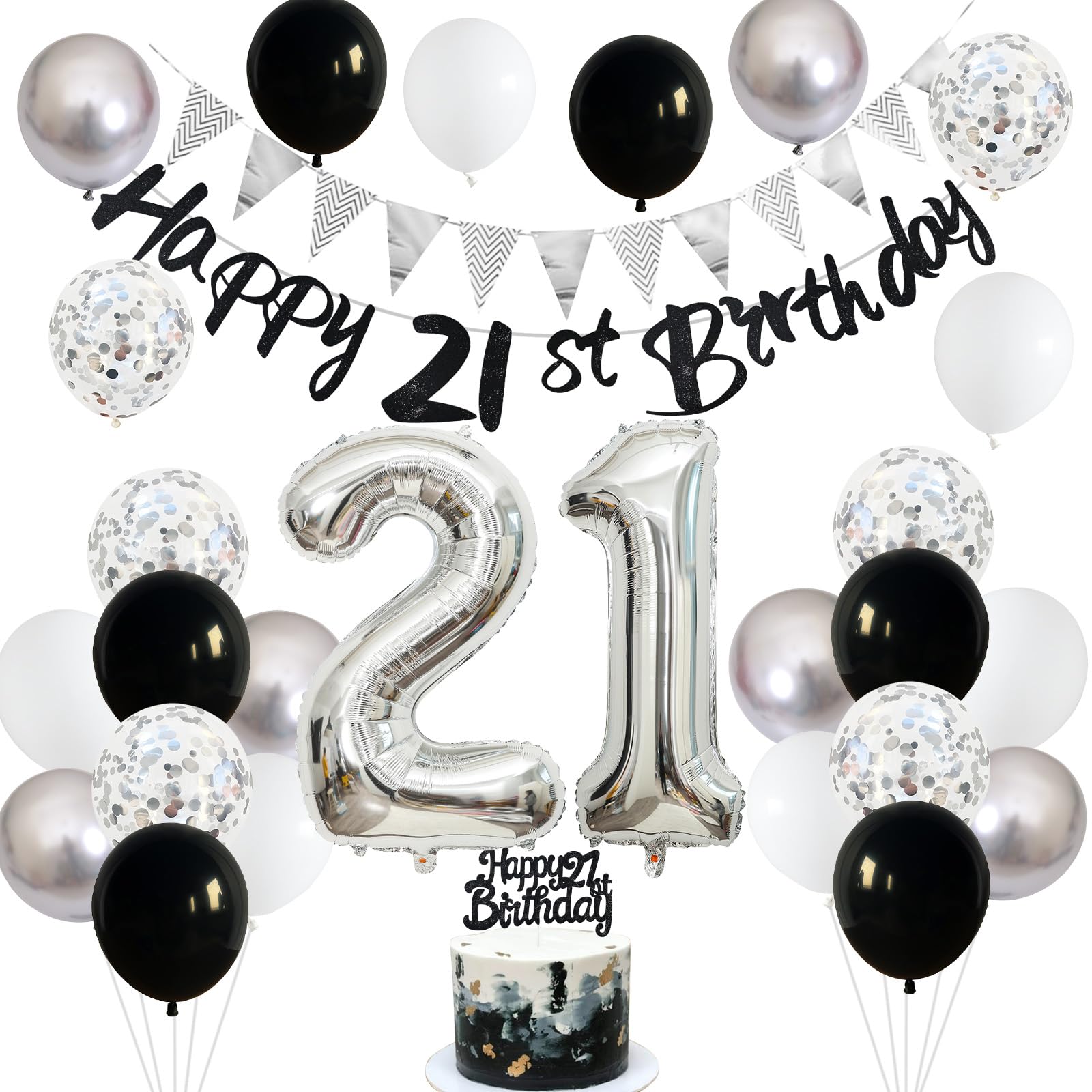 21St Birthday Decorations For Him Her, Happy 21St Birthday Banner With Black Silver White 21St Birthday Balloons Birthday Cake T