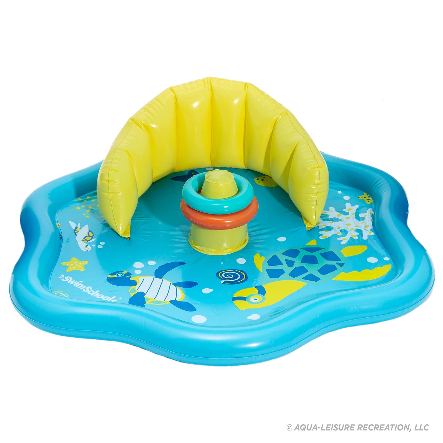 SwimSchool Baby Splash Play Mat – Inflatable Pool with Canopy, Backrest, Toy Rings, 28", Seafoam Blue & Lemon, Model AZI11261BL