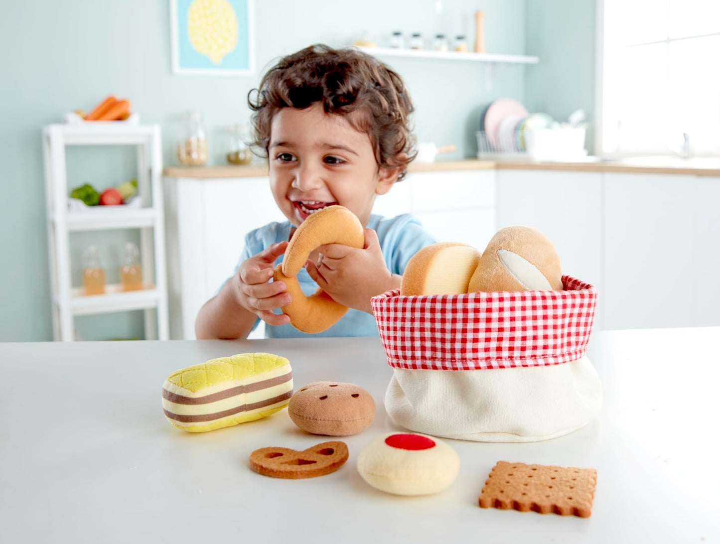 Hape Toddler Bread Basket |Soft Pretend Food Playset for Kids, Bread Toy Basket Includes Toast, Jam Cookie, Cake, Soda Biscuit a
