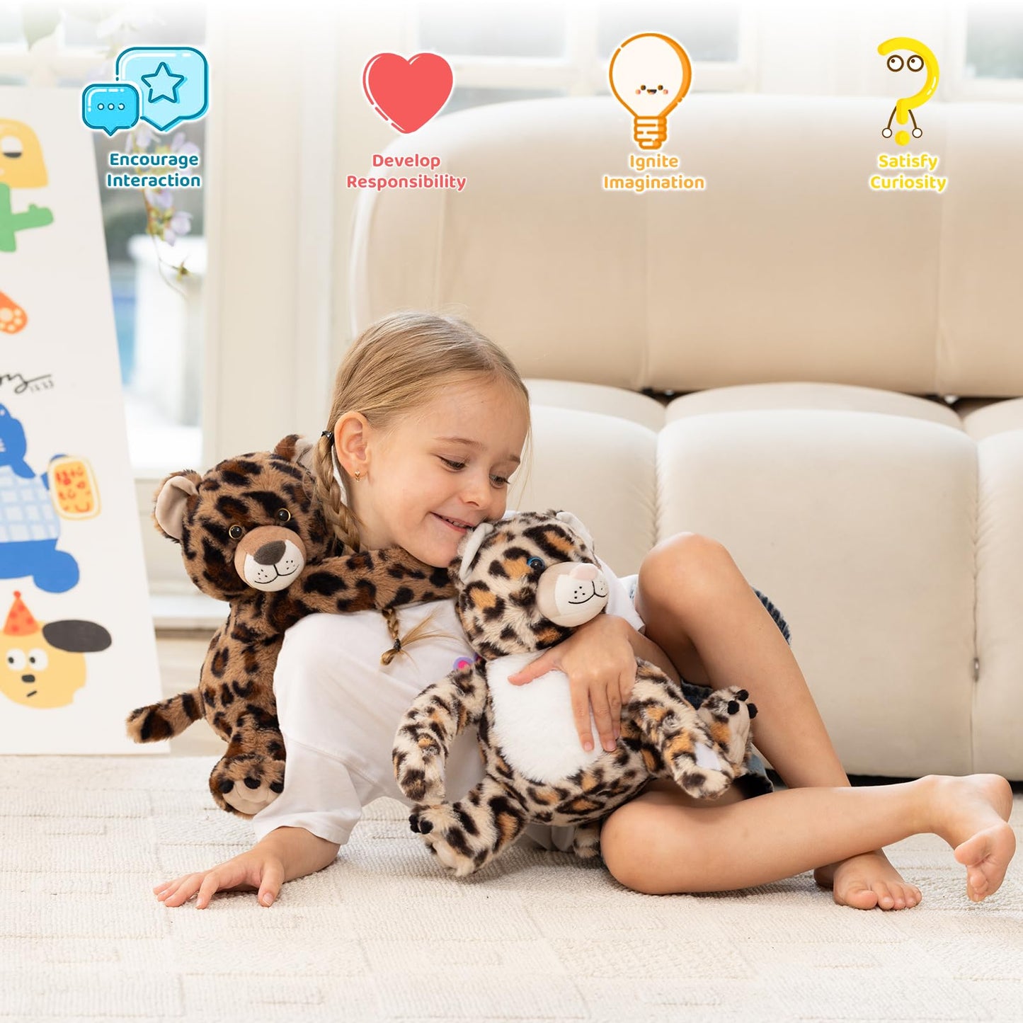 MorisMos Leopard Stuffed Animal Duo  Freezable & Microwavable Cheetah Stuffed Animals  Long-Arms Hugging Leopard Toy  Heating Pad Plush Cheetah Toys for Girl Kid mature-themed Gift/Room Decor
