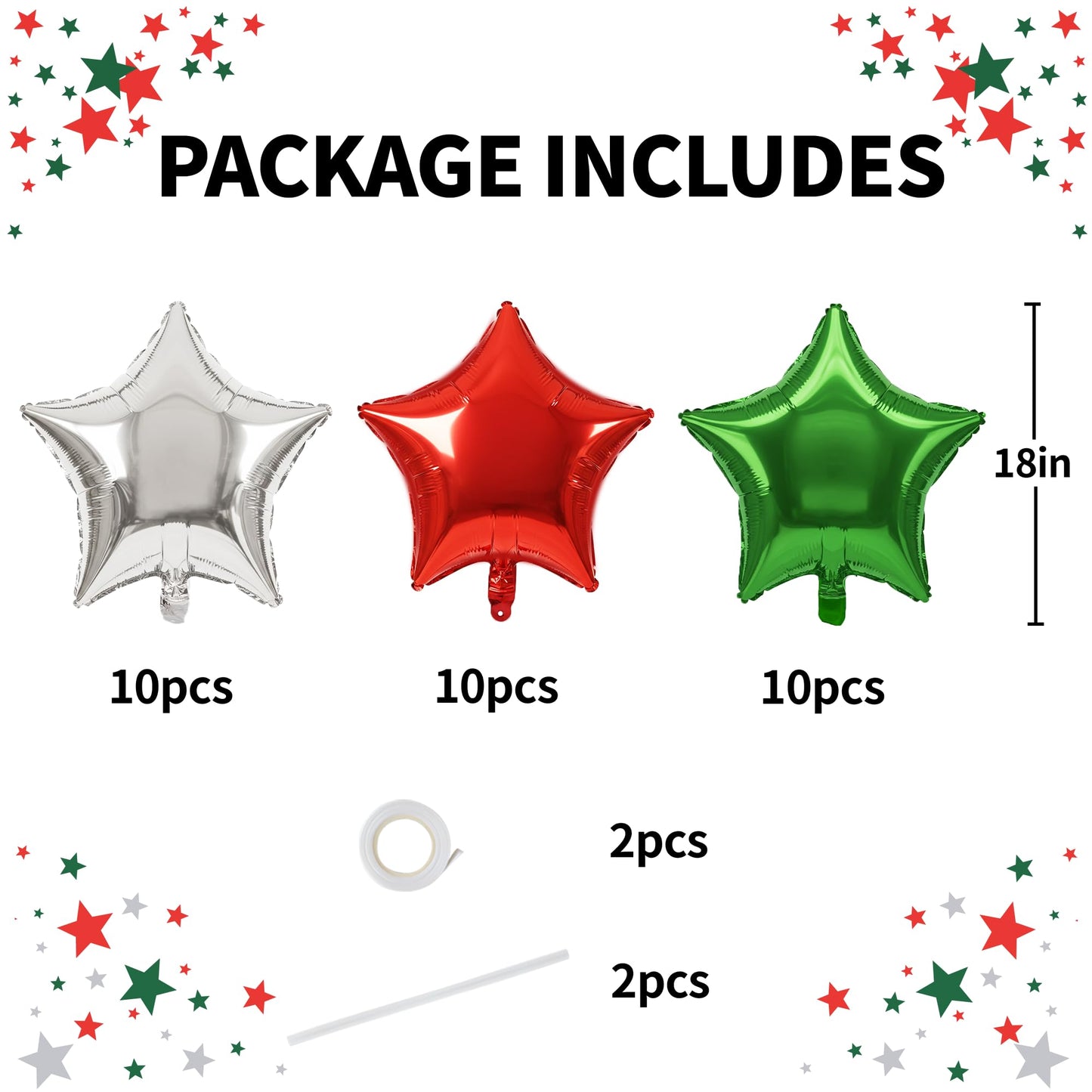 TONIFUL 30Pcs 18 Inch Large Red Green Silver Star Shape Foil Balloons Big Stars Helium Mylar Ballons for Halloween Chrismas Birt