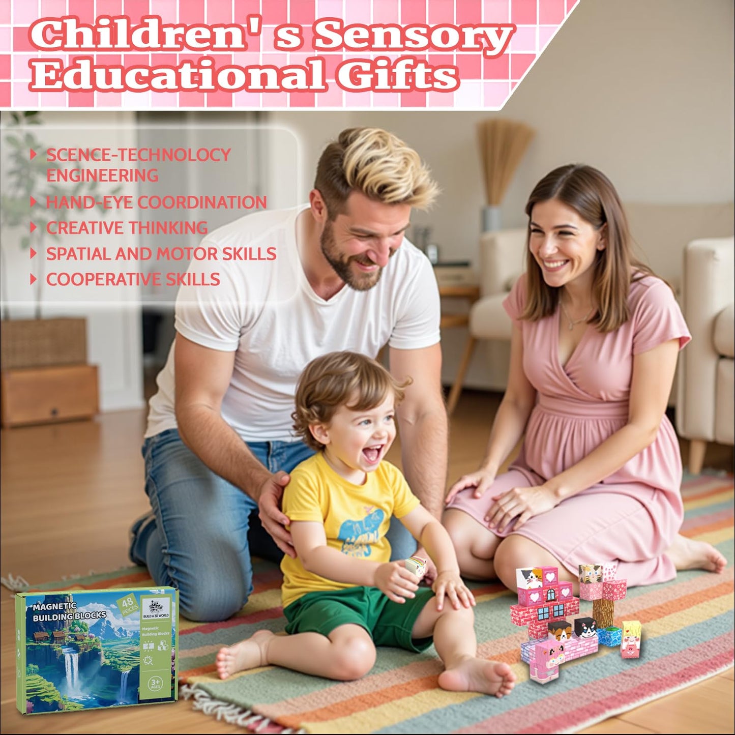 Ssawer Magnetic Blocks, 48Pcs Magnetic Tiles Building Blocks, Magnet Cubes Stem Sensory Game Toys Christmas Birthday Gifts For K