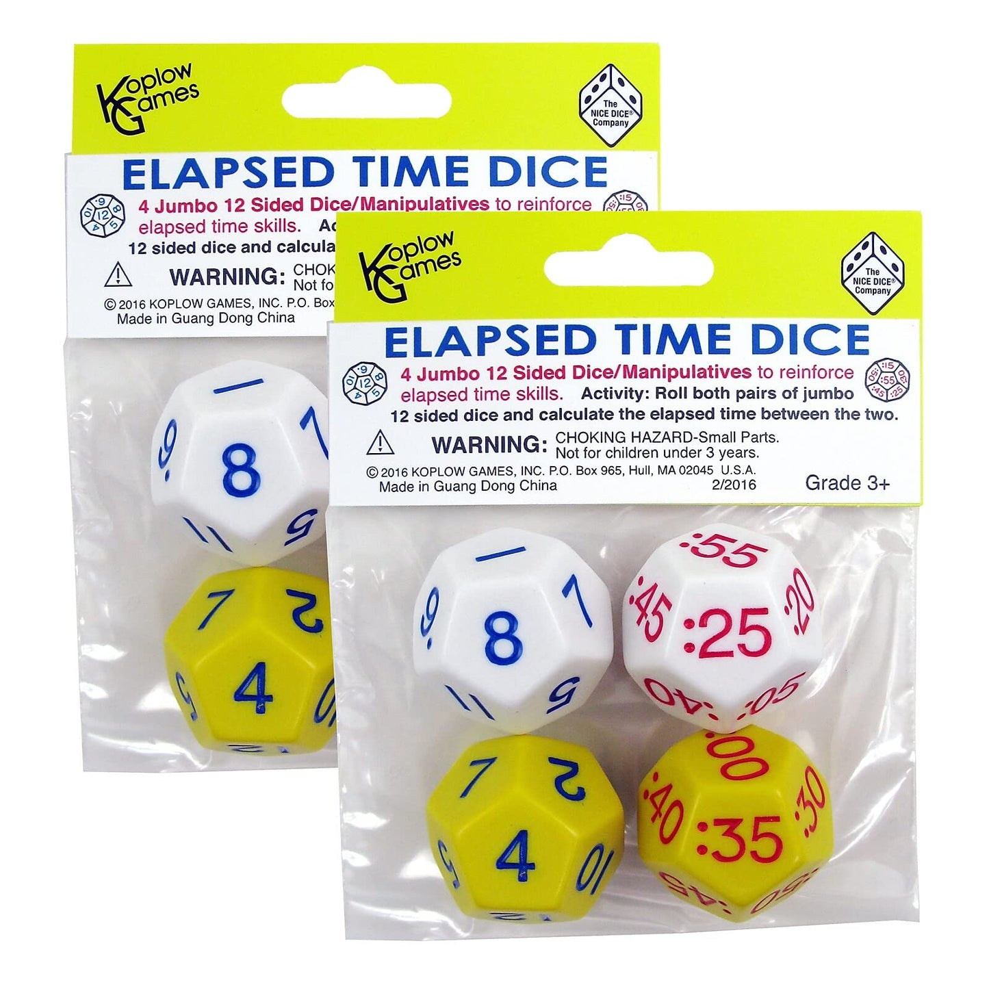 Koplow Elapsed Time Dice, Assorted Colors, 2 Pairs/Pack, 2 Packs (Kop18848-2)