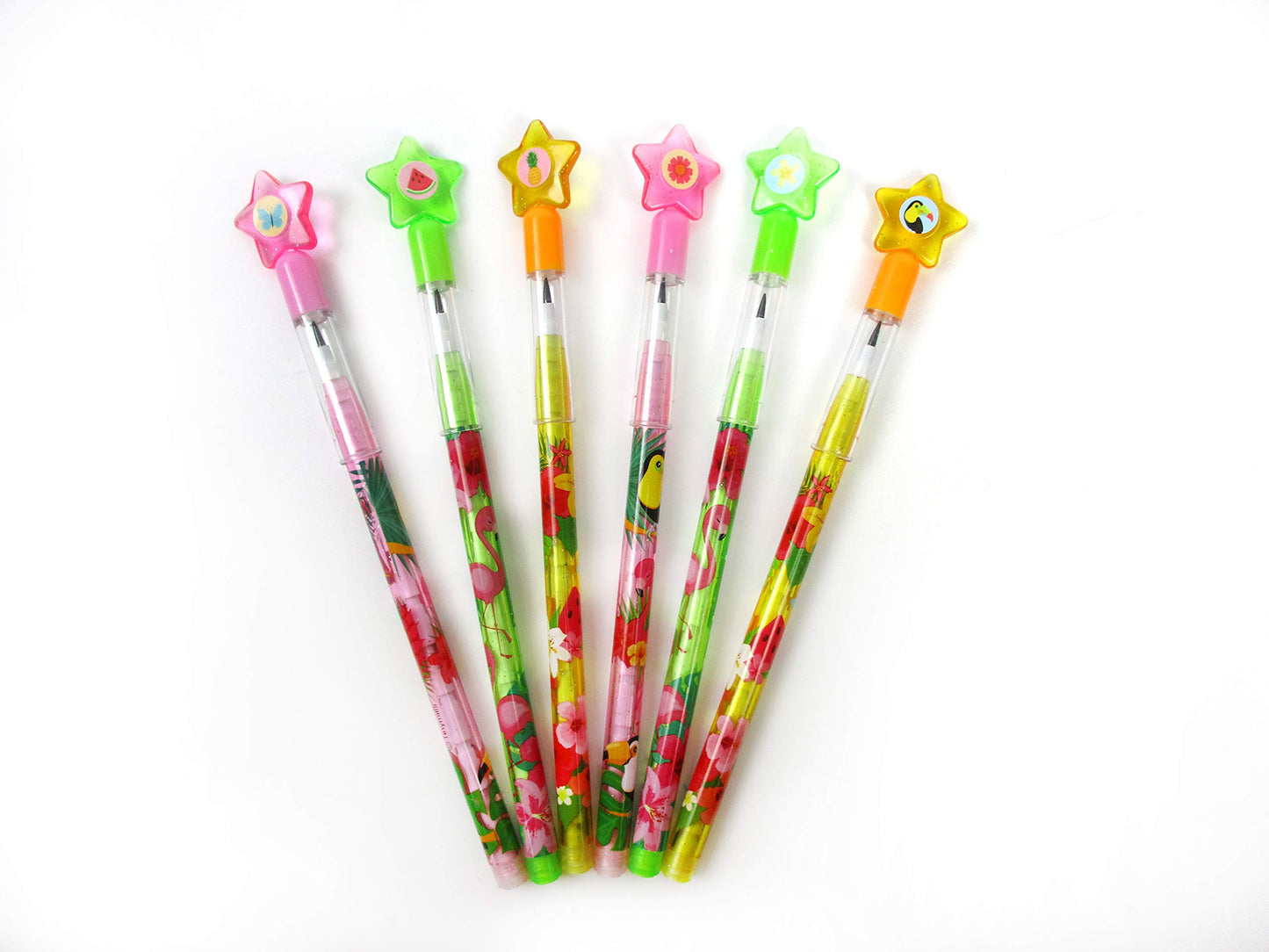 TINYMILLS 24 Pcs Flamingo Tropical Luau Multi Point Stackable Pencil with Eraser for Flamingo Luau Birthday Party Favor Prize Ca