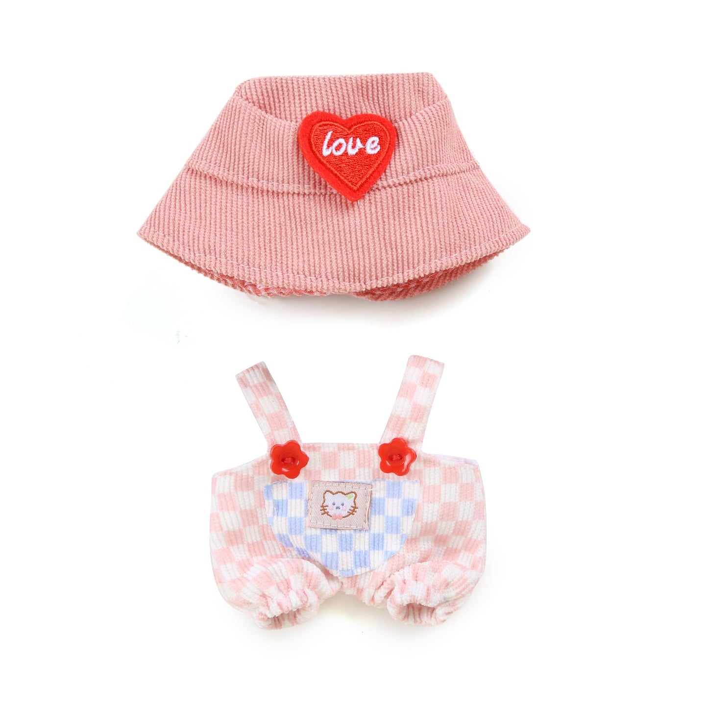17cm Doll Clothes - Kawaii Chic Style Set for 17cm Dolls  Cute Doll Outfit with Accessories - Pink and White Check Romper + Heart Shaped Pink Hat (Clothes Only)