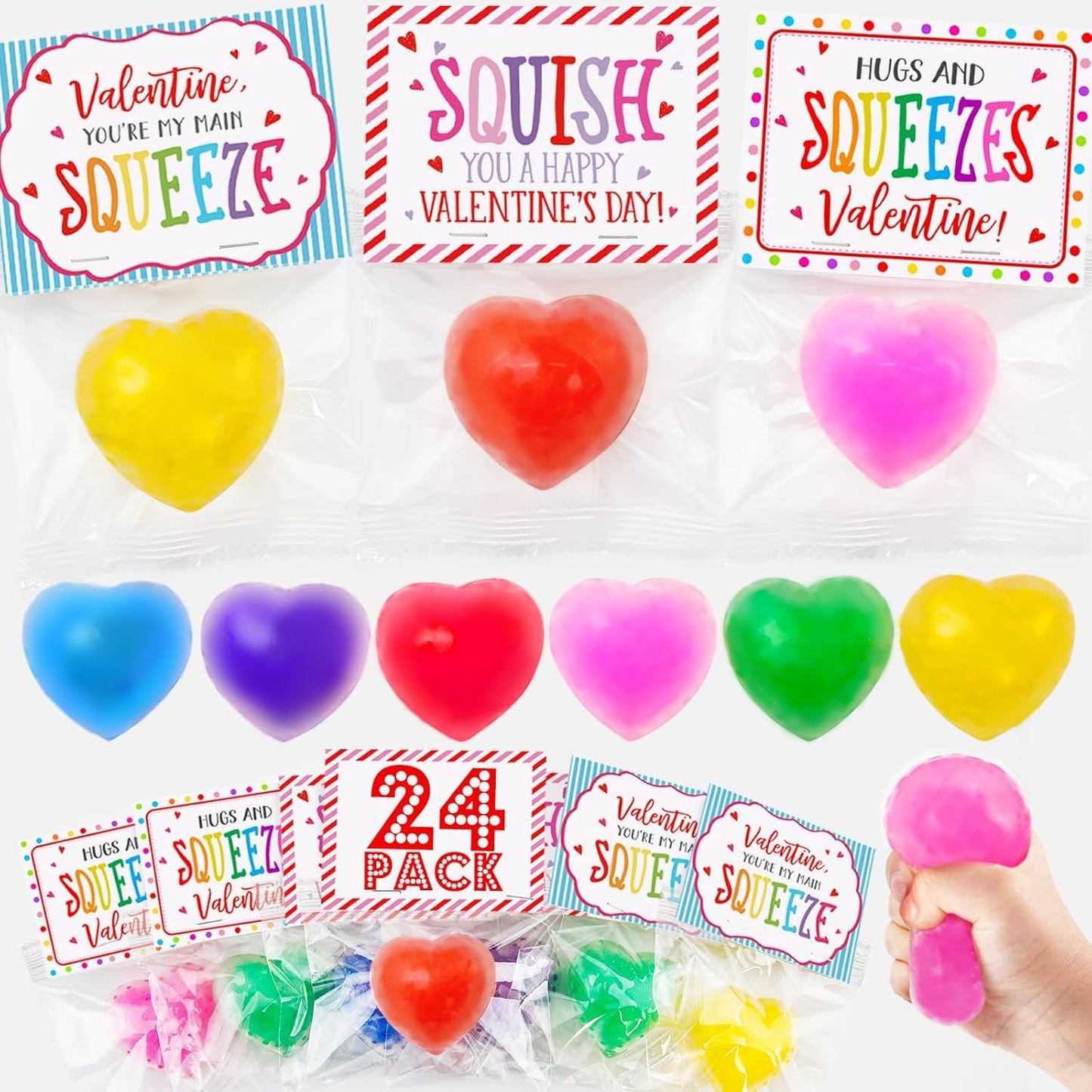 Valentines Day Gifts - 24 Pack Valentine Cards With Heart Stress Balls - Fidget Toys Bulk Valentines Gift Exchange For Kids School Classroom Party Favors Supplies
