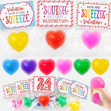 Valentines Day Gifts - 24 Pack Valentine Cards With Heart Stress Balls - Fidget Toys Bulk Valentines Gift Exchange For Kids School Classroom Party Favors Supplies