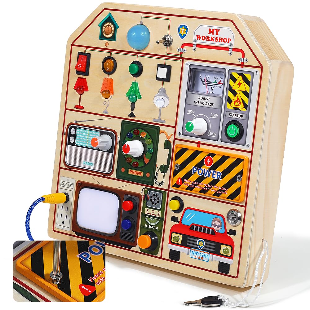 Jaunty Montessori Wooden Busy Board For Toddlers 1 2 3 Years Old, Wooden Sensory Toddler Toys With Led Light Switches, Tv Radio
