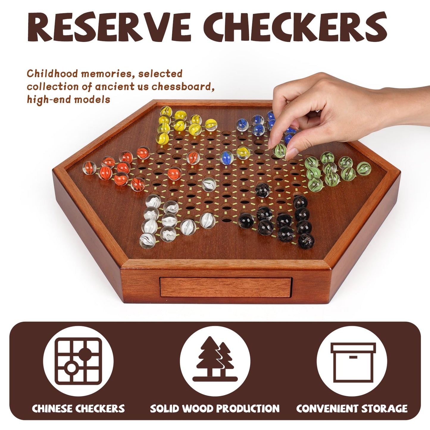 Luxurious Large 15-Inch Chinese Checkers Set - Premium Wooden Board Game For Adults And Kids With 72 Vibrant Glass Marbles, Dual