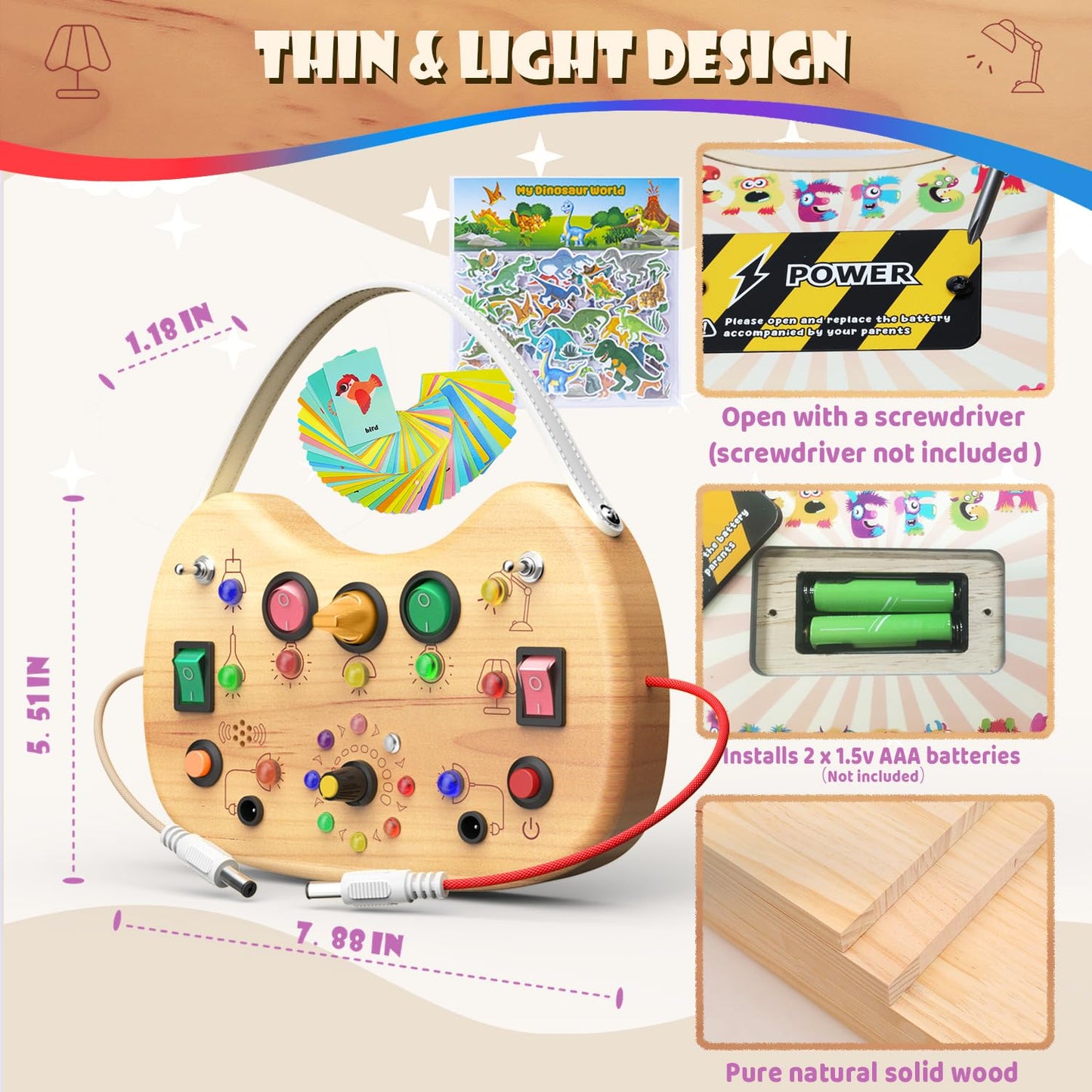 Udouto Montessori Busy Board For Toddlers 1-3, Wooden Busy Board With Led Light, Switch Board Car Ride Airplane Travel Toys, Chr