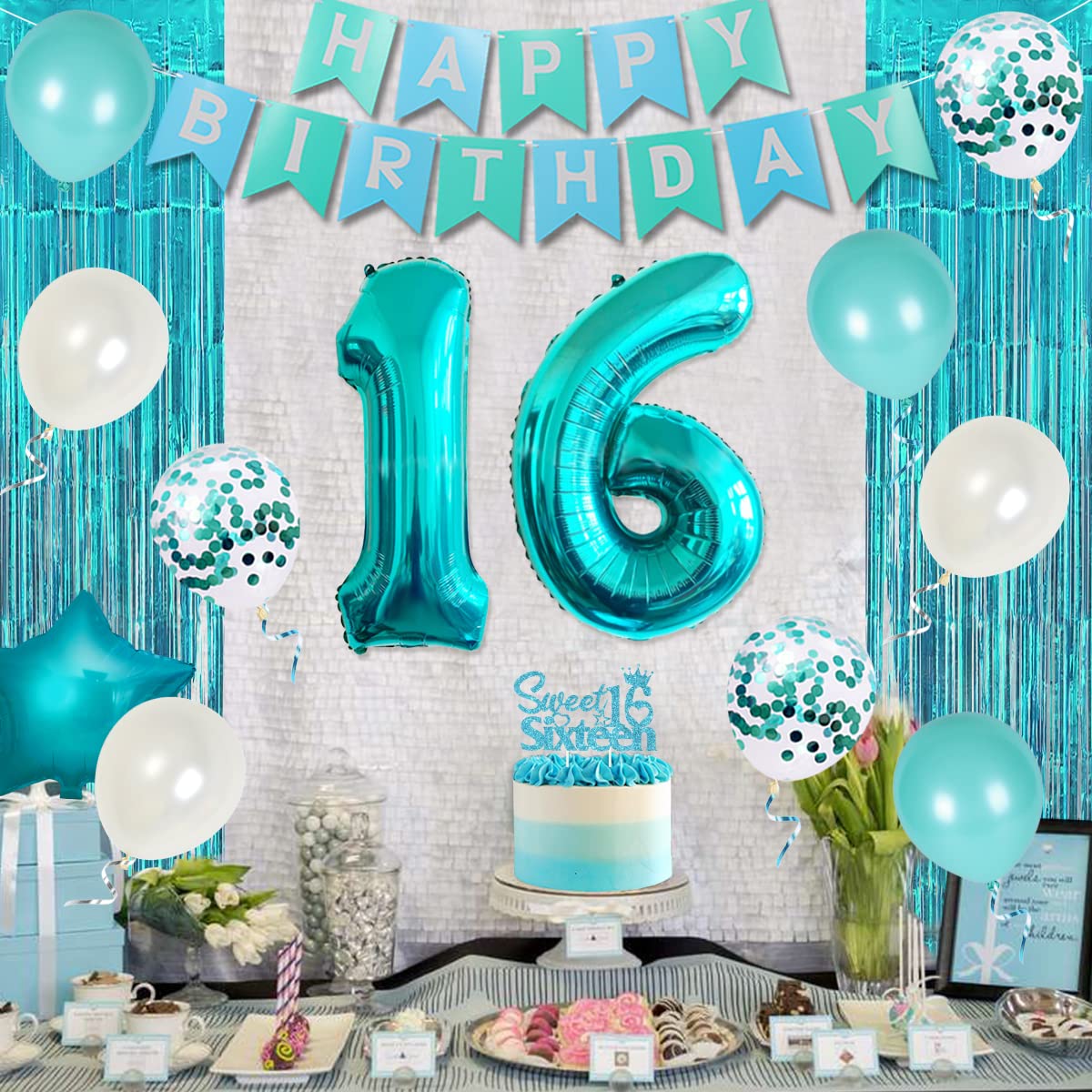 16Th Birthday Decorations For Girl Teal - Sweet 16Th Birthday Party Supplies Happy Birthday Banner Sweet 16Th Sash Cake Topper T