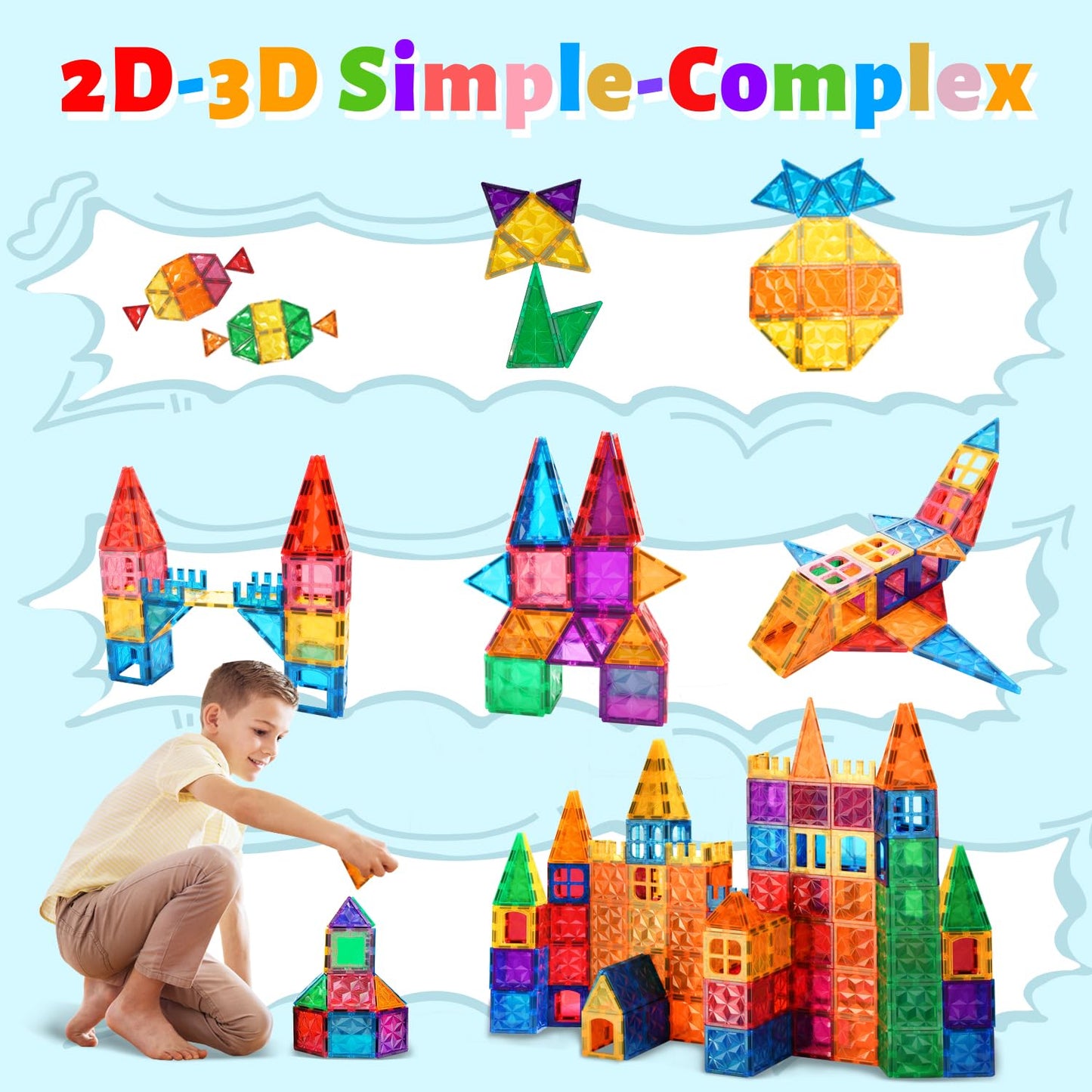Afunx Magnetic Tiles, 102Pcs Magnet Building Blocks With 2 Cars, 3D Diamond Magnetic Blocks, Construction Stem Toys For Kids, Educational Toys For Boys Girls Ages 3 4 5 6 7 8 (102 Pcs)