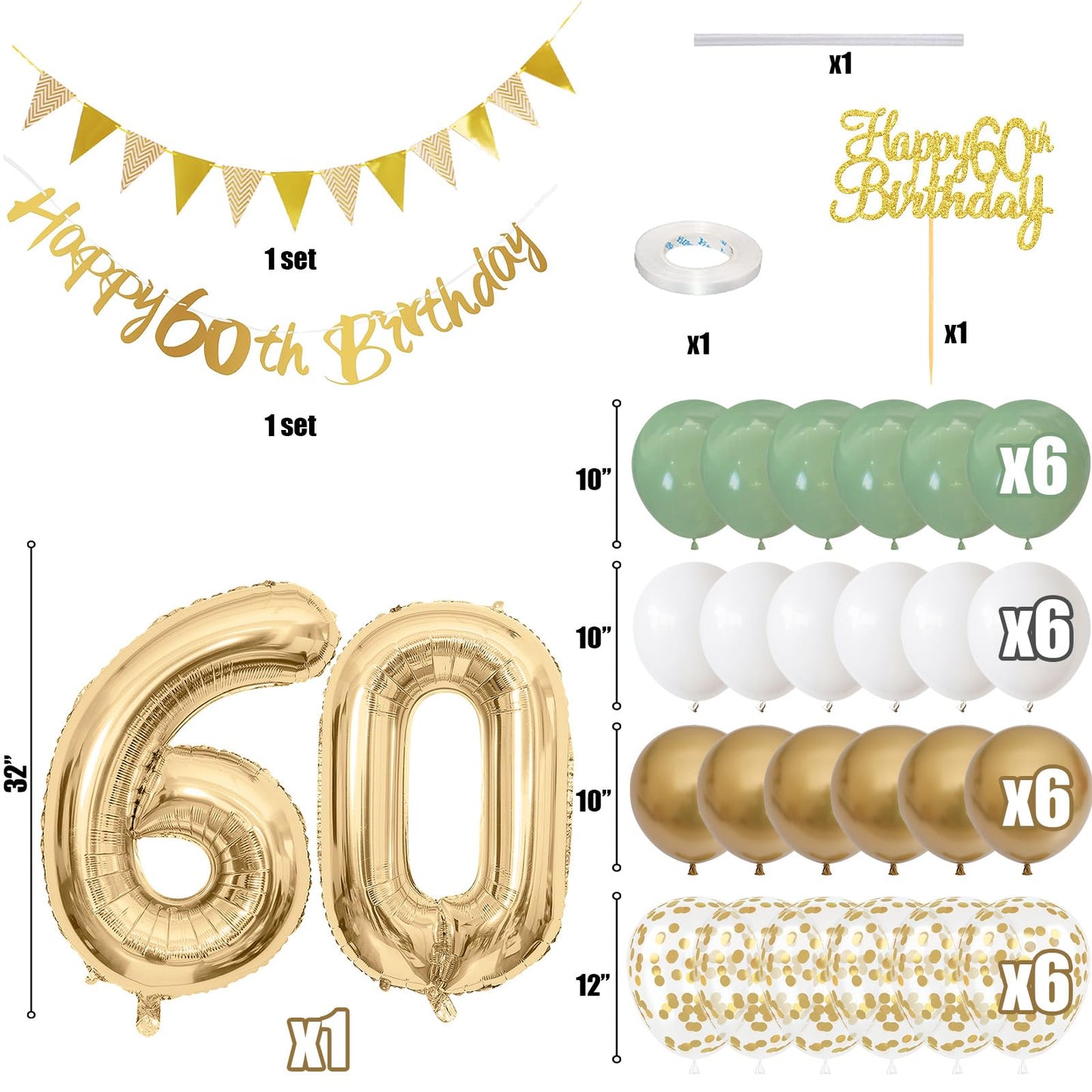 60Th Birthday Decorations For Men Women, Sage Green White Gold Birthday Balloons With Happy 60Th Birthday Banner Birthday Cake T