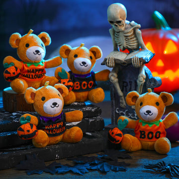 Roundfunny 20 Pcs Halloween Stuffed Animals Bears Bulk 4.5 Inch Mini Plush Bears With Halloween T-Shirt And Jack O Lantern Mini