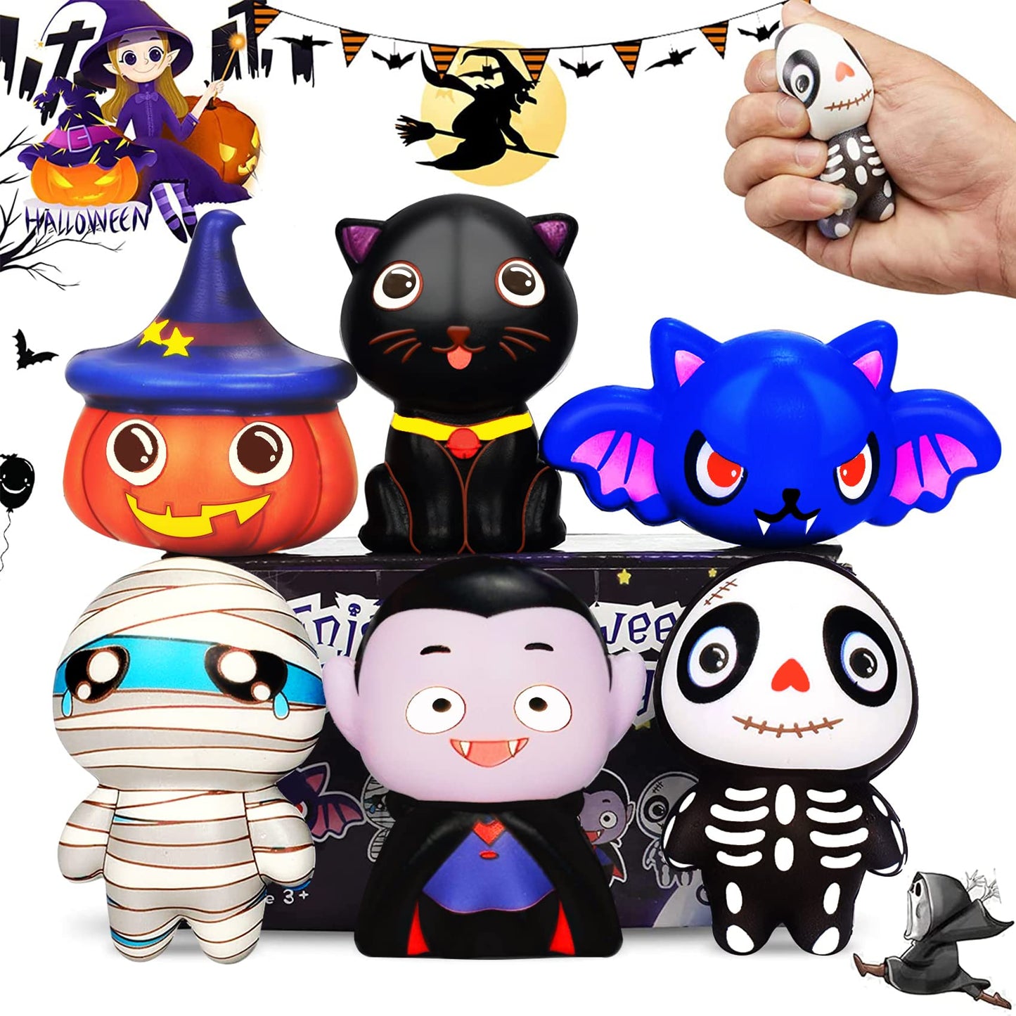 ?New? 6 Packs Halloween Squishies Toys, Slow Rising Squishies Toys- Pumpkin, Vampire,Black Cat,Mummy,Human Skeleton, Bat, Party Favors, Goodie Bag, Super Soft Squeeze Kawaii For Girls Boys, Kids