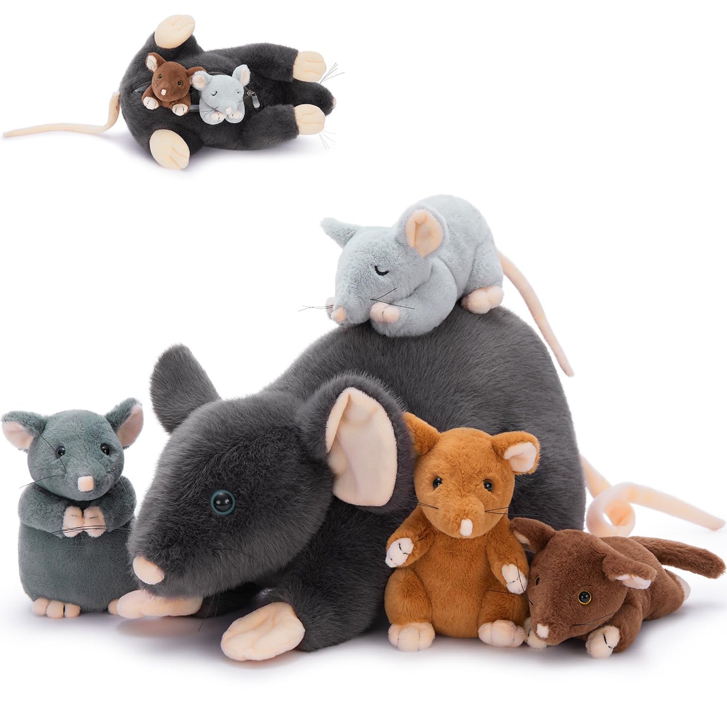 Tezituor 5 in 1 Rat Stuffed Animals Set  24 inch Large Mommy Stuffed Mouse Plush Toy with 4 Cute Babies  Realistic Rat Plush Gift for Boys Girls