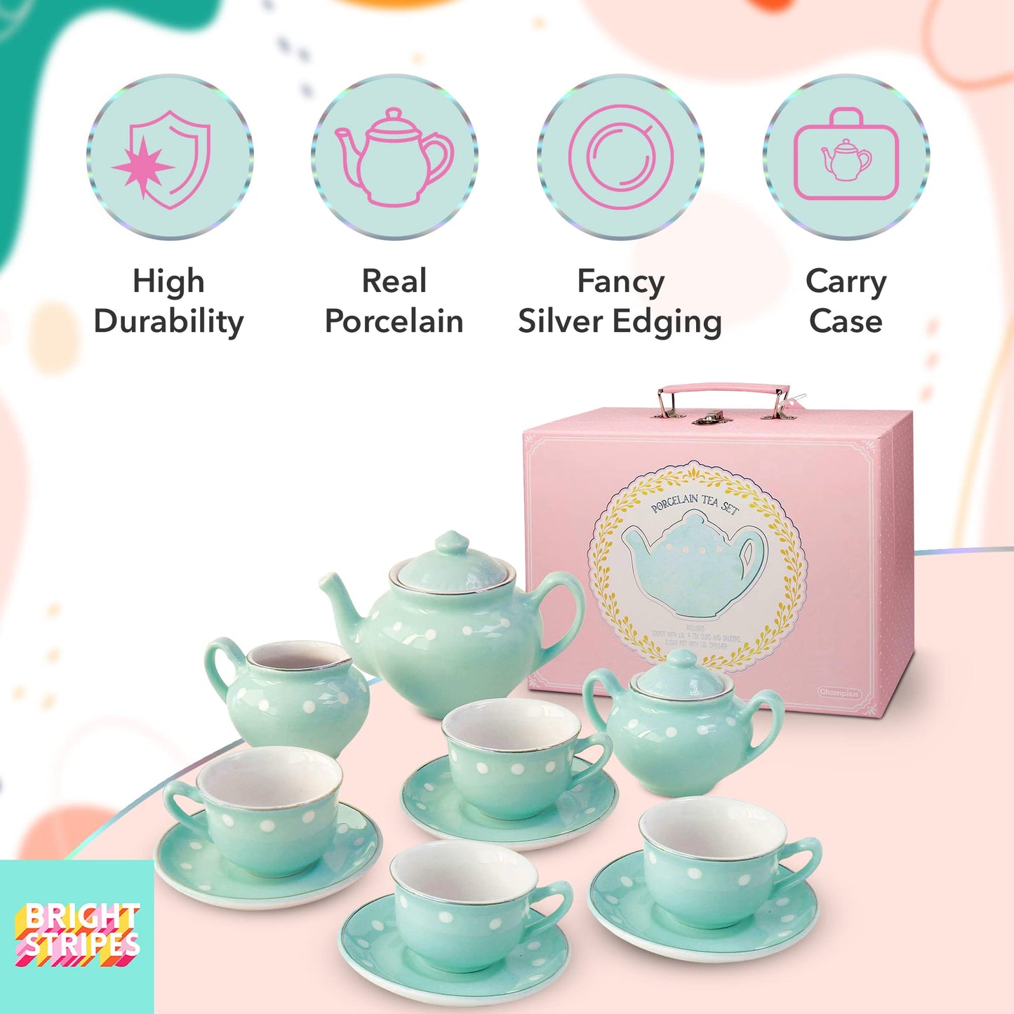 Bright Stripes 13 Piece Porcelain Tea Set for Little Kids, Kids Pretend Play Toys with Carry Case for Tea Party Fun, Perfect for