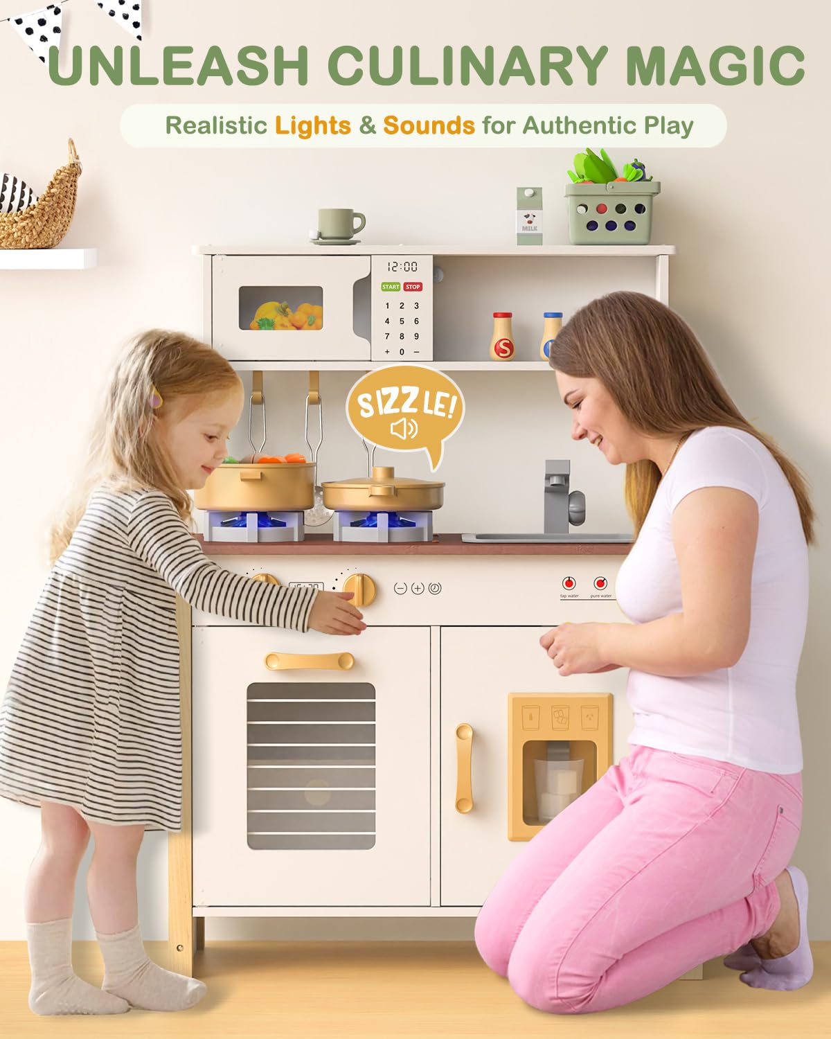 Babytronic Kids Play Kitchen, Wooden Kitchen Playset for Kids Ages 3+ with Real Lights, Sounds, Stove, Sink, Oven, and 30 Pcs Ac