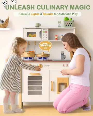 Babytronic Kids Play Kitchen, Wooden Kitchen Playset for Kids Ages 3+ with Real Lights, Sounds, Stove, Sink, Oven, and 30 Pcs Ac
