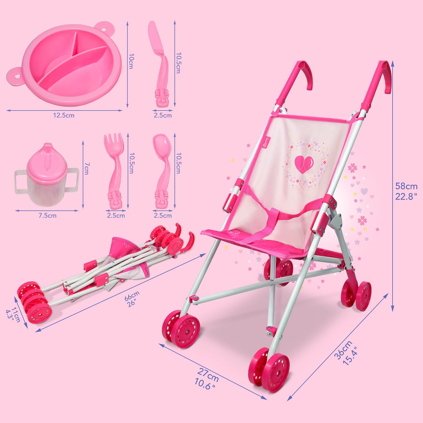 Doll Stroller Toy Anivia Realistic Doll Stroller Heart Design Gifts For Toddlers And Girls Foldable Baby Doll Stroller Toy(Witht