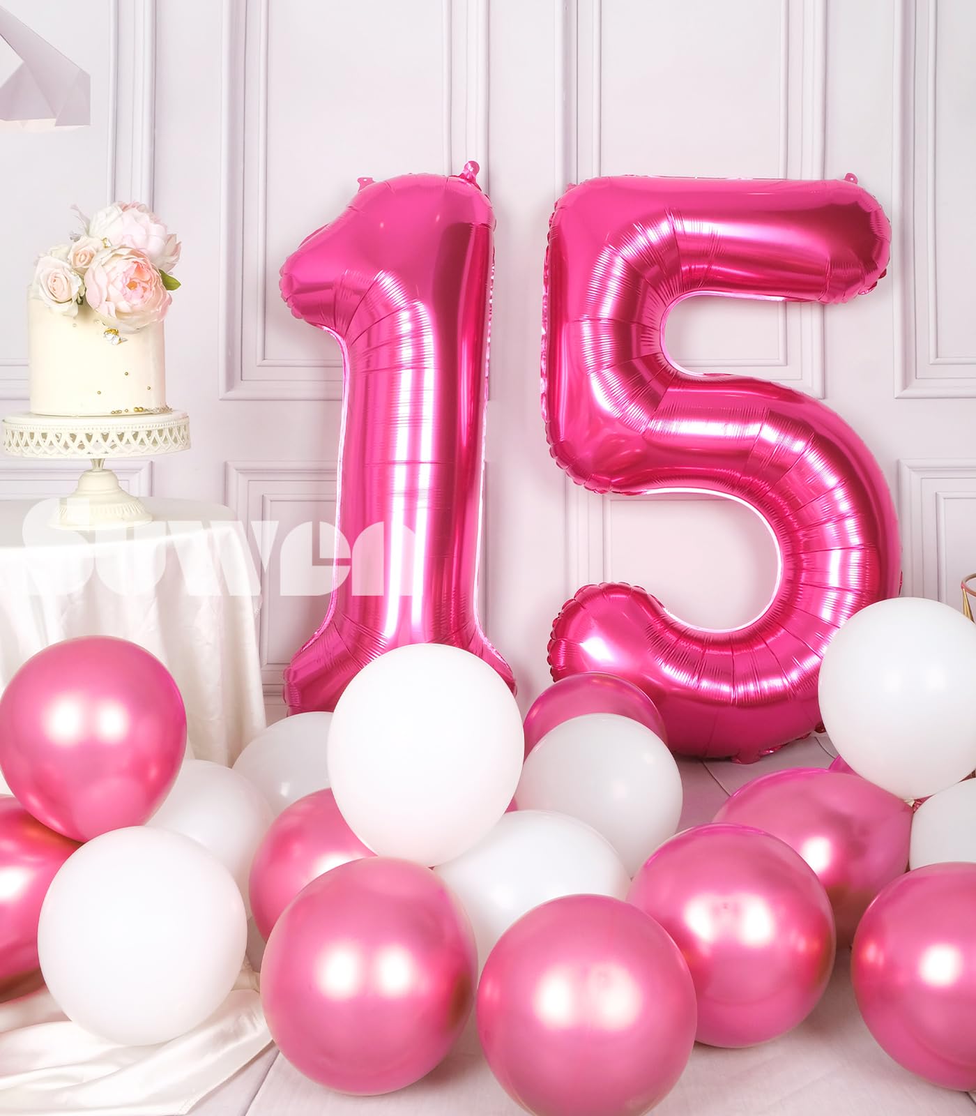 Suwen 40 Inch Hot Pink Large 15 Number Balloons Big Foil Helium Number Balloons 0-9 Jumbo Happy 15Th Mylar Birthday Party Decora