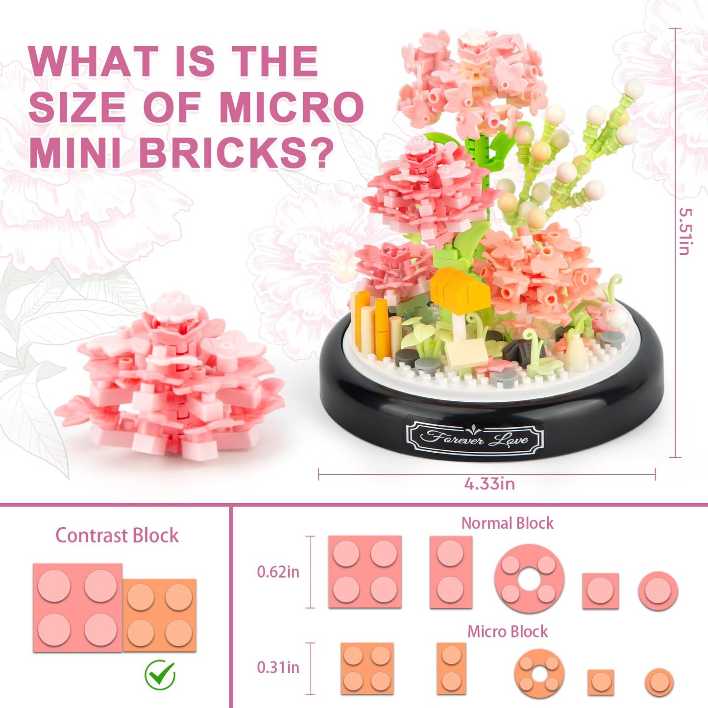 High Godo Flower Bouquet Building Set With Dust Cover, 624Pcs Pink Rose Bonsai Tree Collection Kit, Birthday For Mom Women Girlfriend Adults 12+