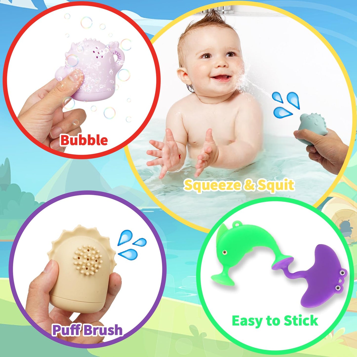 Baby Bath Toys, 13 Pcs Silicone Mold Free Bath Toys With A Storage Bag, Squeezable Dinosaurs Bathtub Toys, No Hole Sensory Ocean