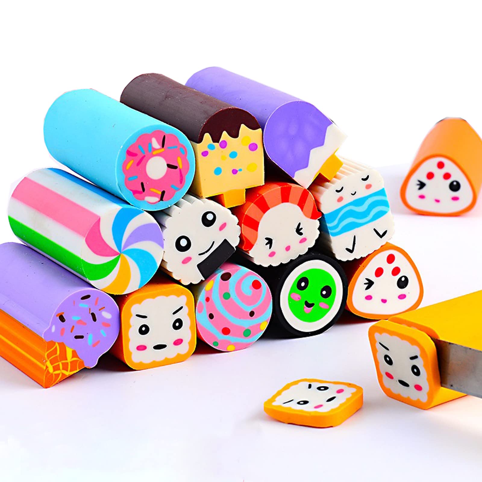 Food Erasers 12 Pack Sushi Desserts Desk Pet Erasers for Kids Cute Fun School Supplies Prize Gifts Party Favors
