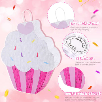 Sosation 15.7' Cupcake Piñata For Birthday Party Supplies With Stick, Blindfold And Confetti For Kids Girls Baby Shower Candy Donut Ice Cream Piñata Party Supplies Party Decoration Prop(Cute)