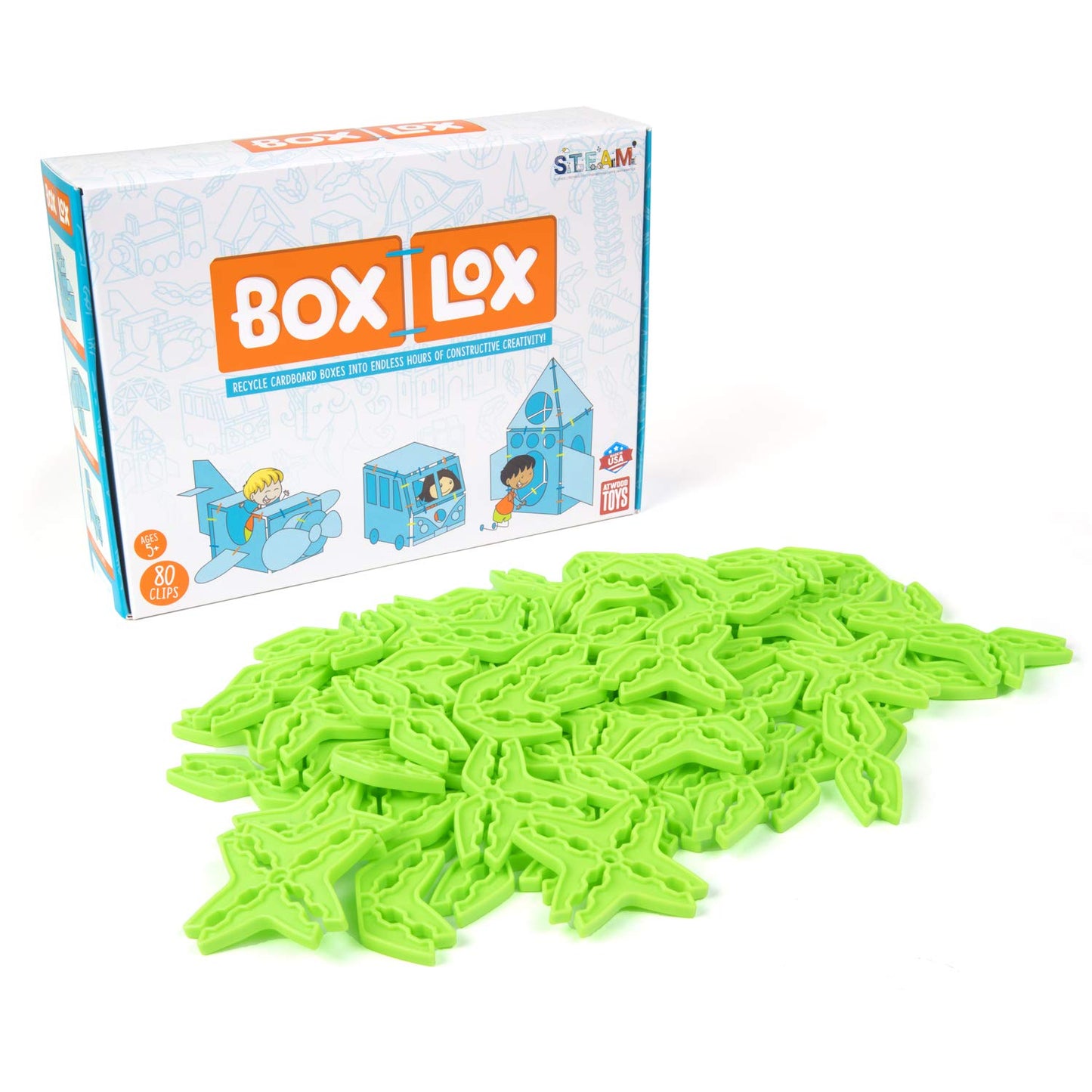 Atwood Toys Box Lox 80 pcs Creative Cardboard Building kit - Construction Toys for Girls and Boys Educational STEM (Neon Green)