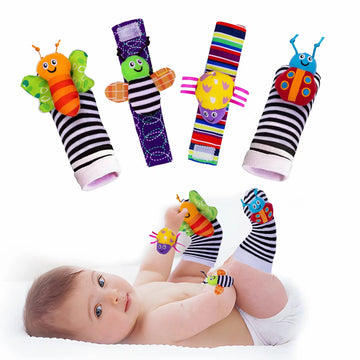 Padonise 4 Pieces Baby Wrist Rattle Animal Rattle Foot Finder Socks Cartoon Baby Socks Baby Development Toys Early Learning Toys Infant Newborn Gift Boy Girl Bebe 0-3-6-12-24 Months