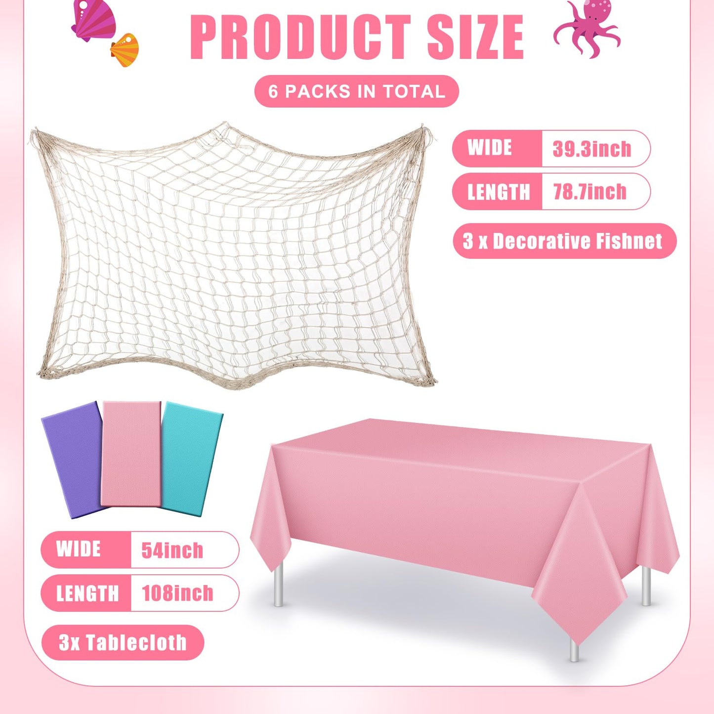 6 Pack Fish Net Decorative And Tablecloth Set, Cotton Fishnet And Plastic Table Cover Decorations Set For Nautical Themed Party