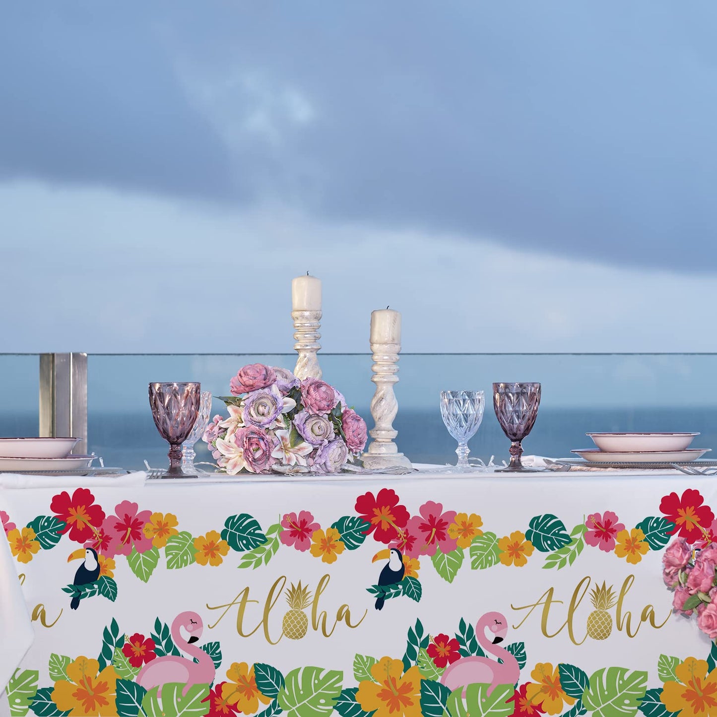Tropical Luau Party Supplies Flamingo Disposable Tablecloth Plastic Waterproof Table Cover for Hawaiian Beach Party Decorations,