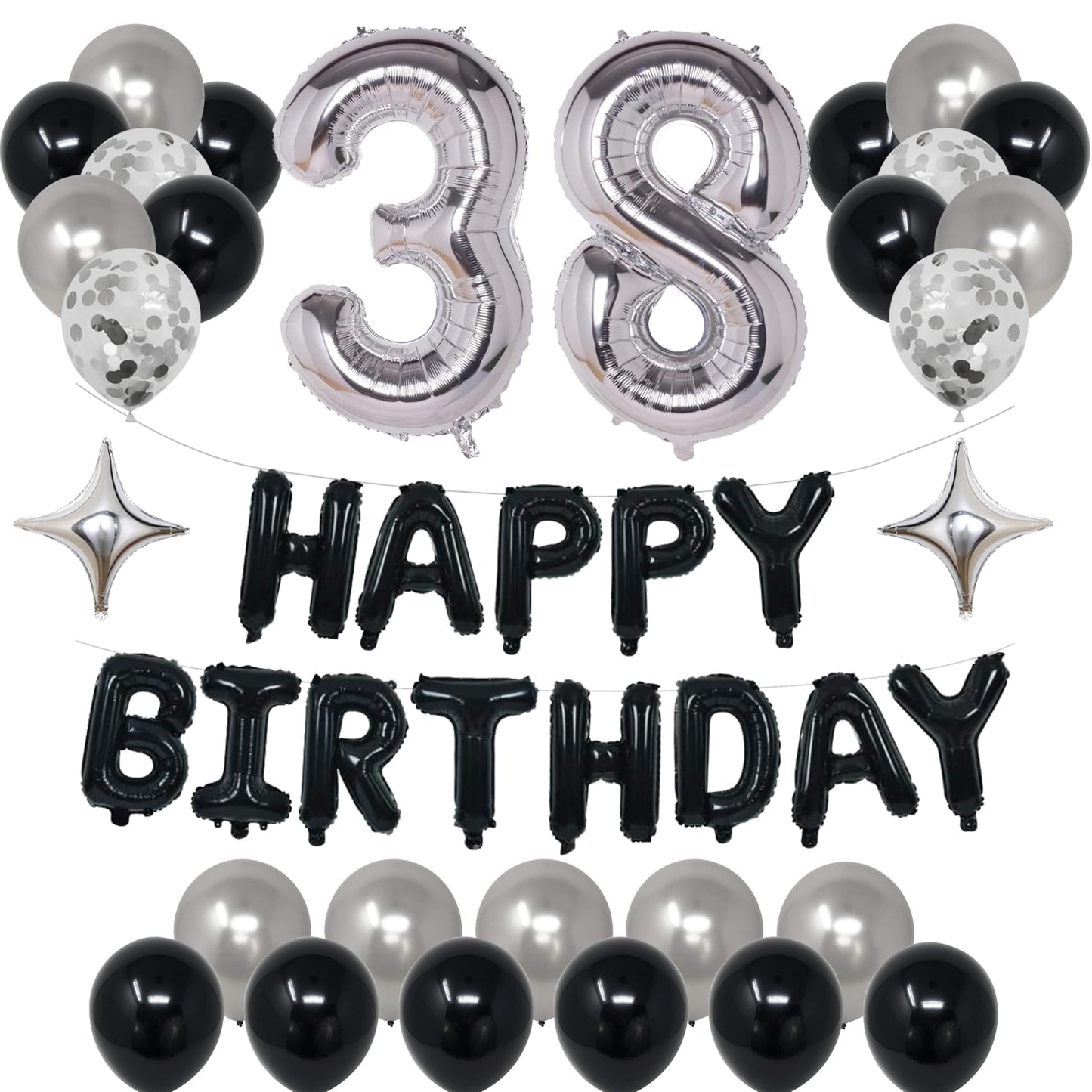 Naninuneno 38Th Black Silver Birthday Party Decorations For Men Women, Happy 38 Birthday Party Supplies With Black Happy Birthda