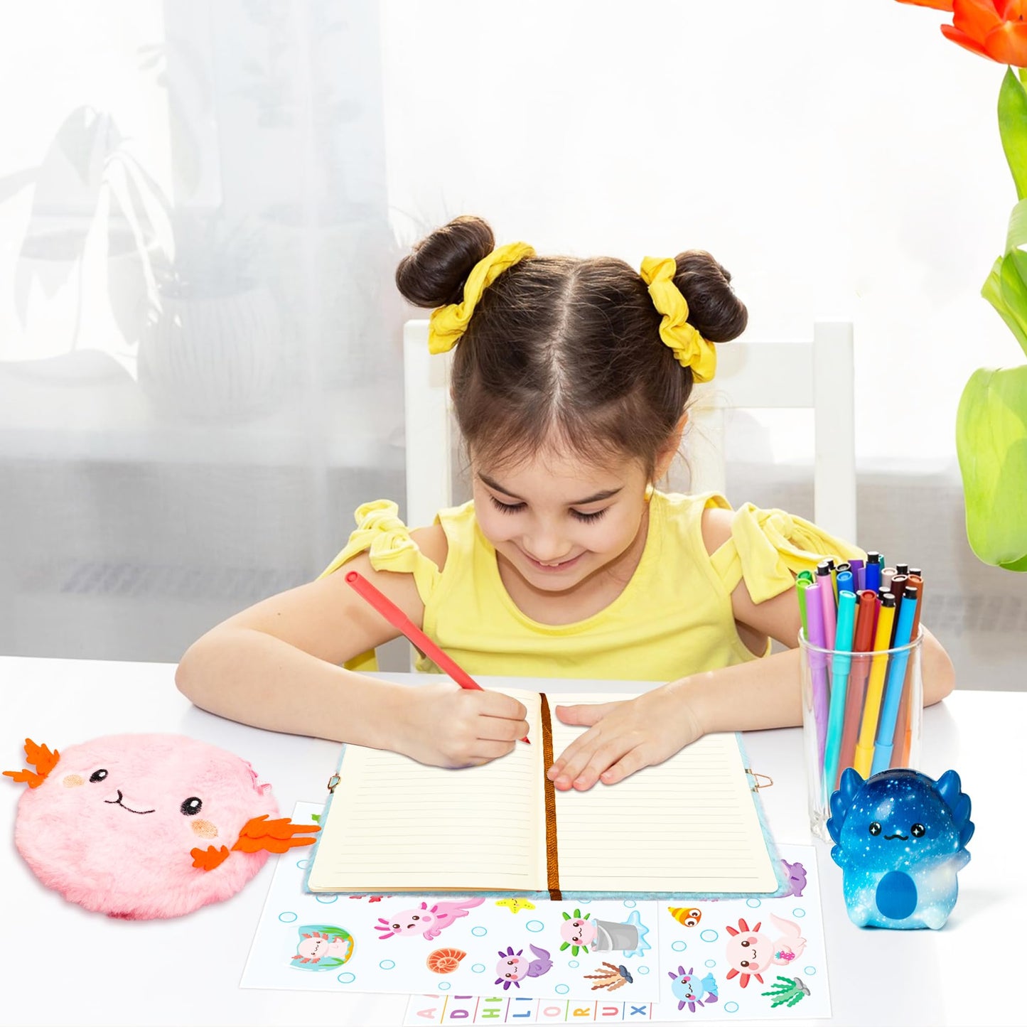 CY2SIDE 6PCS Axolotl Diary with Lock and Keys for Kids, Axolotl Plush Secret Journal Diary Journal Set Included Scrapbook Pen St