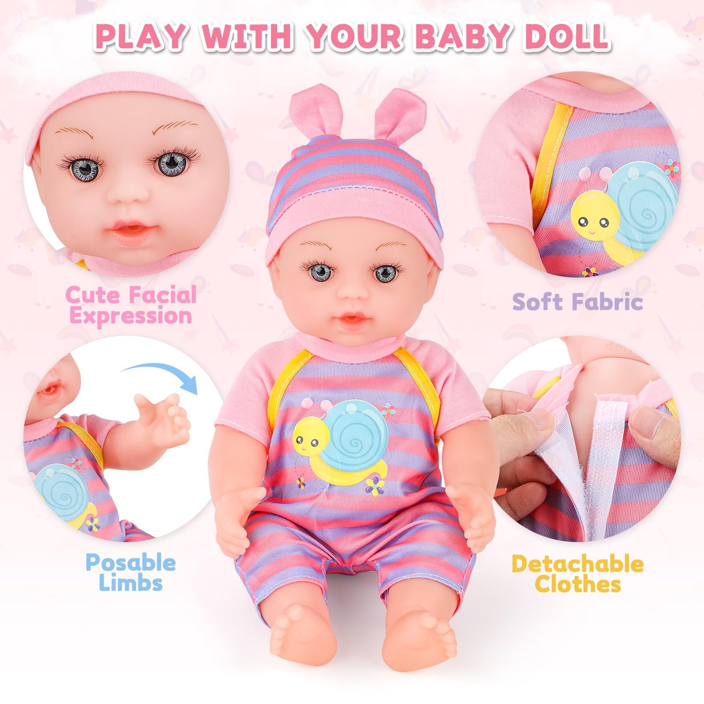 deAO Baby Doll Stroller 12 Baby Doll Set with Foldable Doll Stroller 15 PCS Baby Doll Accessories for Toddlers 3-5 Christmas Bir