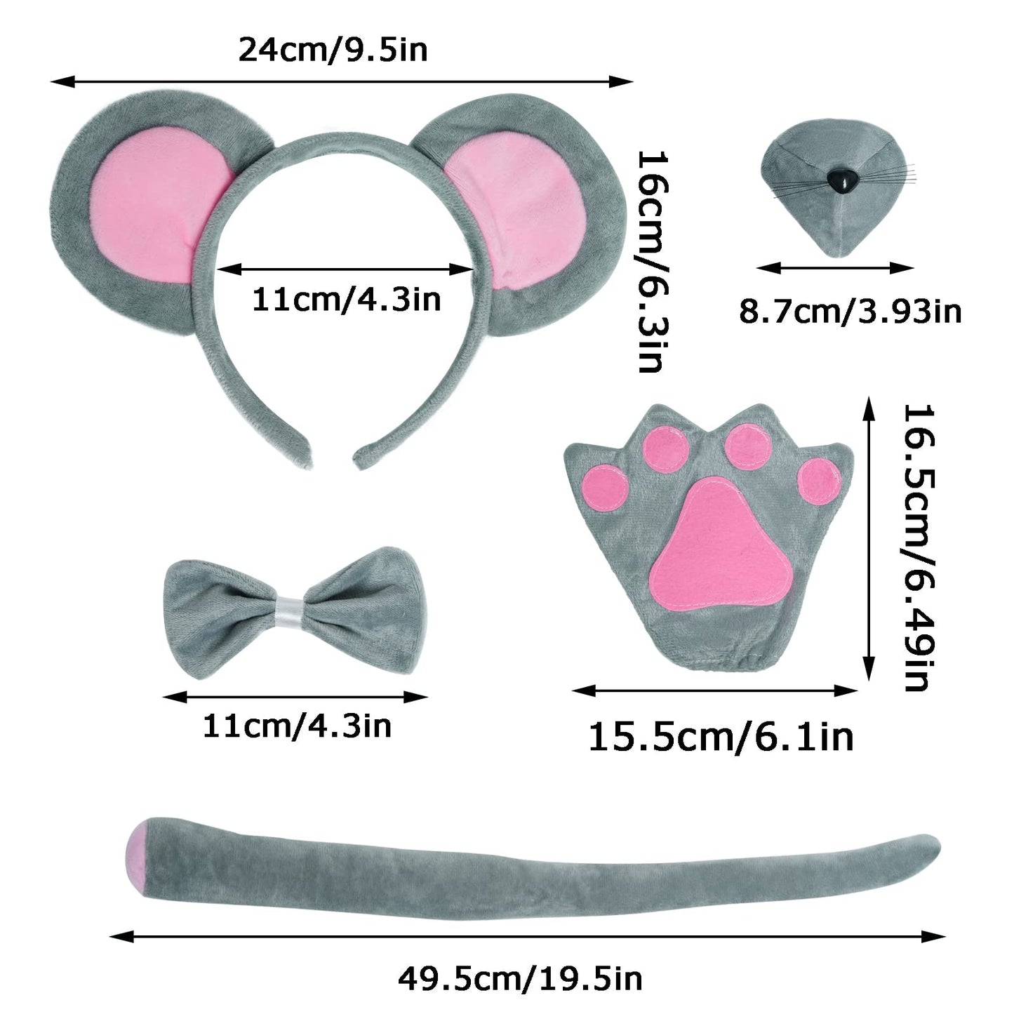 Dxhycc Mouse Costume Set Mouse Ears Headband Nose Bow Tie Tail Paws Tutu Skirt For Kids Girls Boys Halloween Costume Cosplay Party