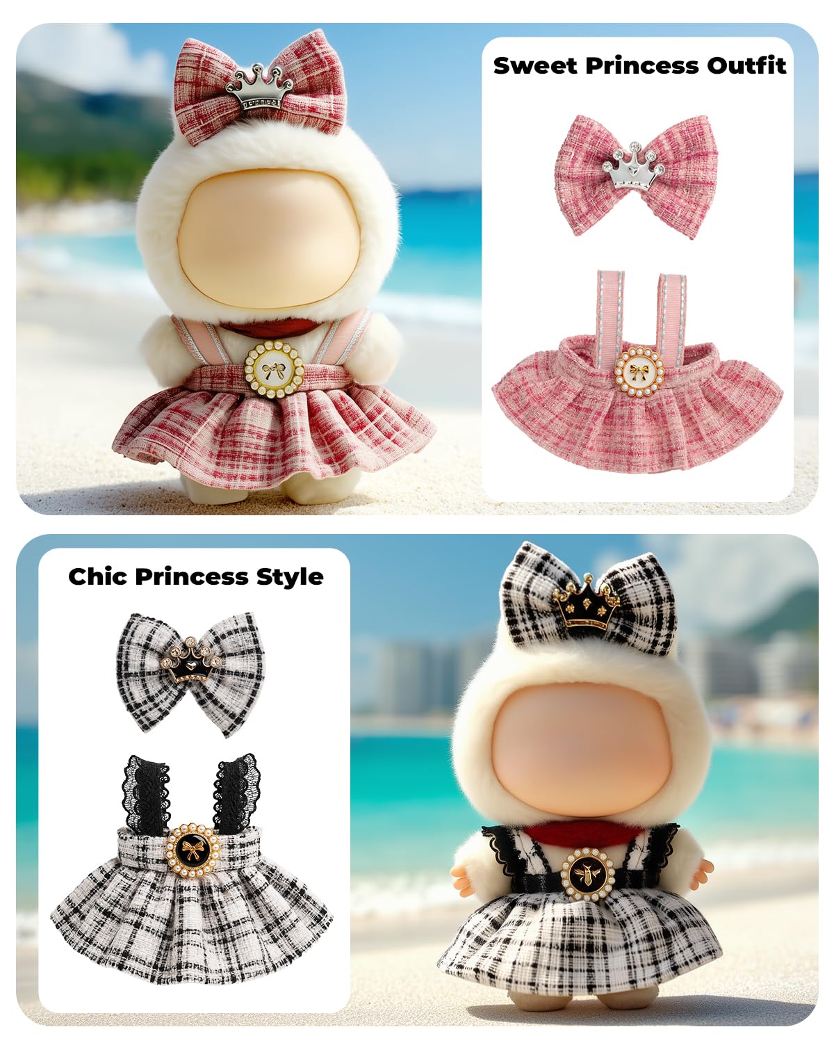 (4-Pack) 17cm Clothes Set  Black Plaid Outfit & Pink Plaid Dress Set with Bow Clip and Metallic Details  Cute Pink Clothing  Knitted Doll Clothes with Hat & Crossbody Bag for 17cm Doll