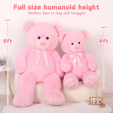Morismos 5Ft Giant Teddy Bear Stuffed Animal, Large Stuffed Bear With Footprints, Big Pink Teddy Bear Plush Gifts For Wife, Girlfriend, Women On Valentine, Christmas, Birthday