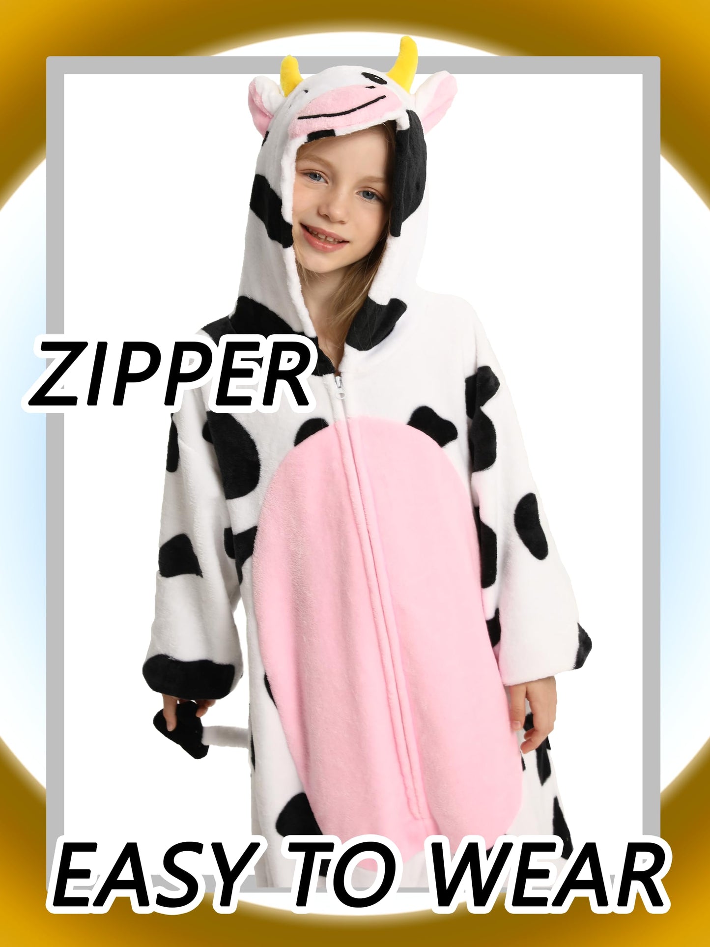 Lonulain Unisex Kids Animal Oneise Pajamas, Boys Girls Flannel Hooded Halloween Cosplay Costume/Homewear/Sleepwear (Cow,4-5 Year