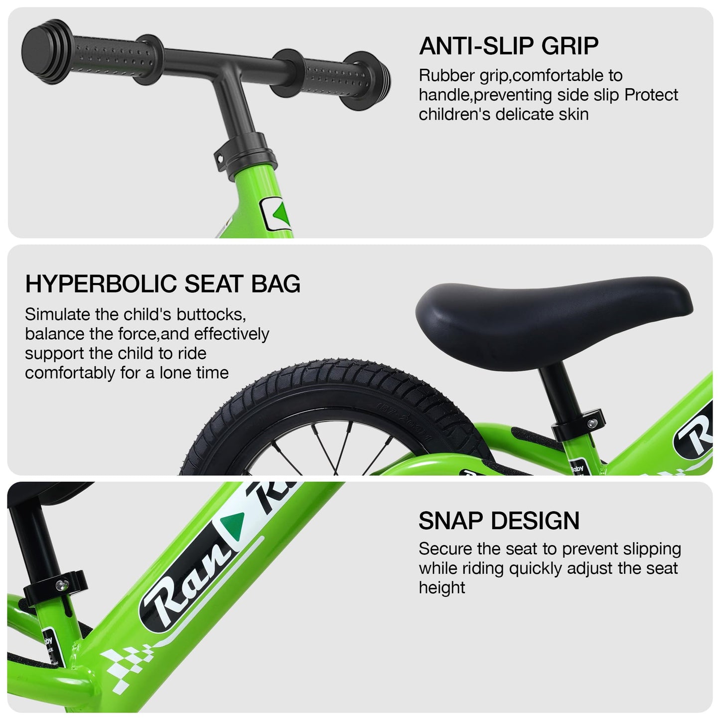 Royalbaby Kids Balance Bike Ultralight Durable Aluminum Alloy Frame 12 Inch EVA Wheel for Toddlers Age 2~5 Years, Green