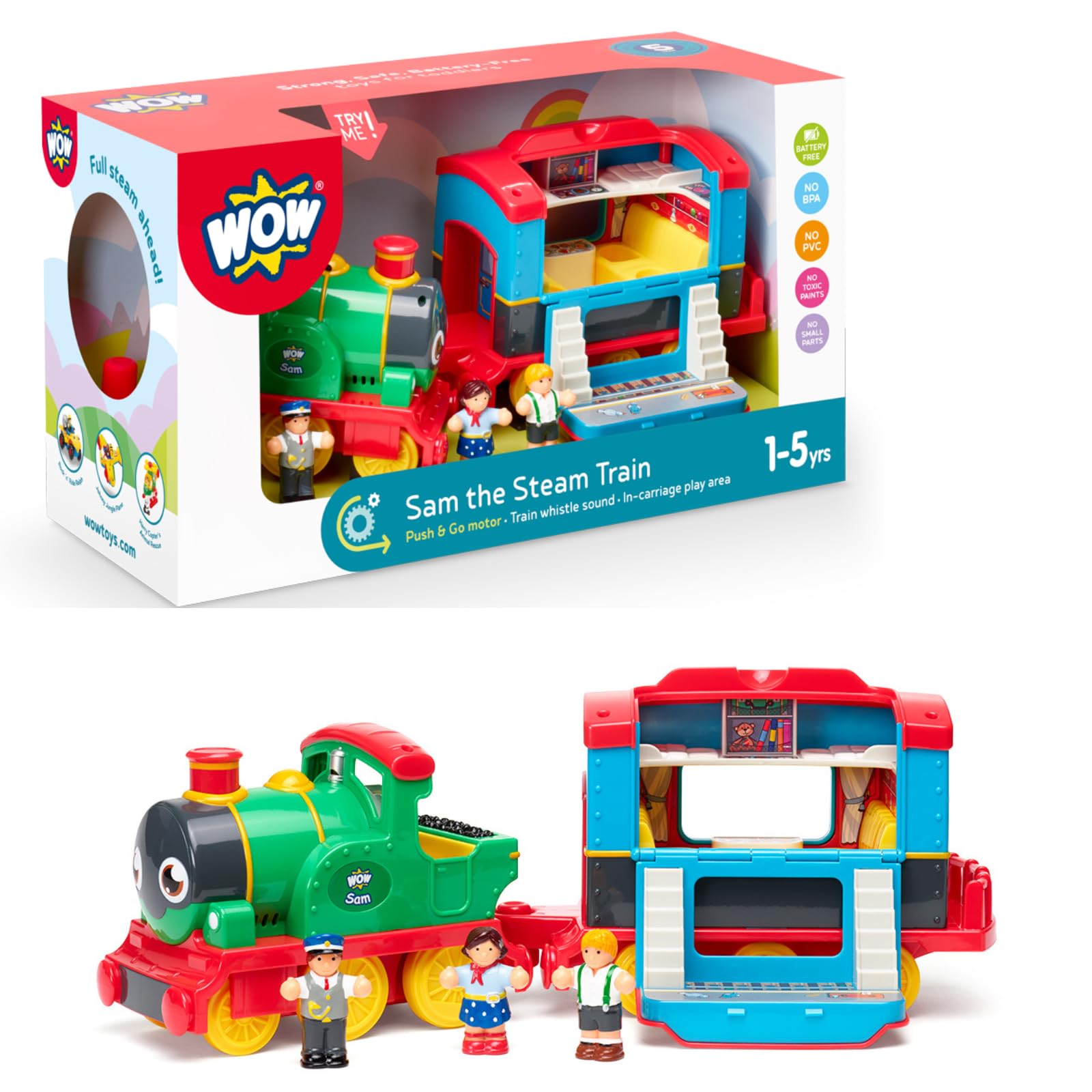 WOW Toys Sam The Steam Train - Motorized Push-and-Go Train Toy with Carriages & Figures | No Batteries, Durable Preschool Toy fo