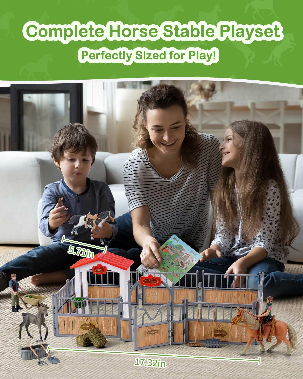 DuDuMo Horse Stable Playset with 3 Horses & 2 Riders, Plastic Farm Animal Toys for Kids, Green Color, Ages 3+