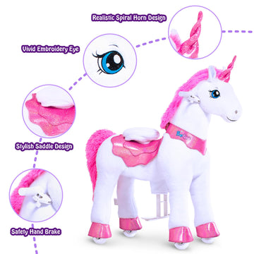 Ponycycle Ride On Unicorn Ride On Toys For Girls Riding Pink Unicorn Rocking Horse Essential Model E (With Brake/ 30' Height/Size 3 For Age 3-5) Ride-On Animals Plush Pony Toys, E312