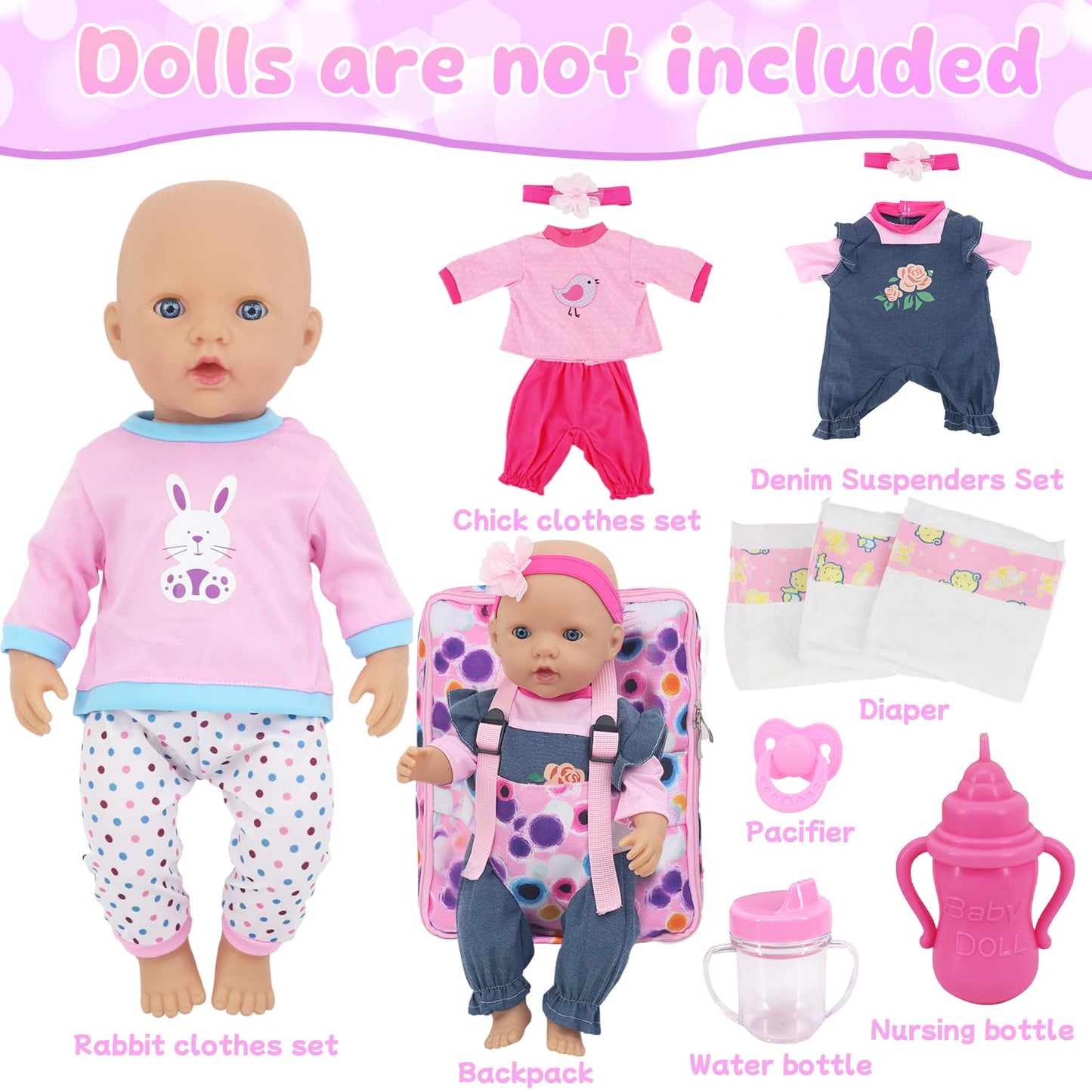 Ecorelf Baby Doll Backpack For 16-18 Inch Dolls ,Baby Doll Playset Included Baby Doll Diaper Carrier Bag,Doll Clothes Sets,Headb