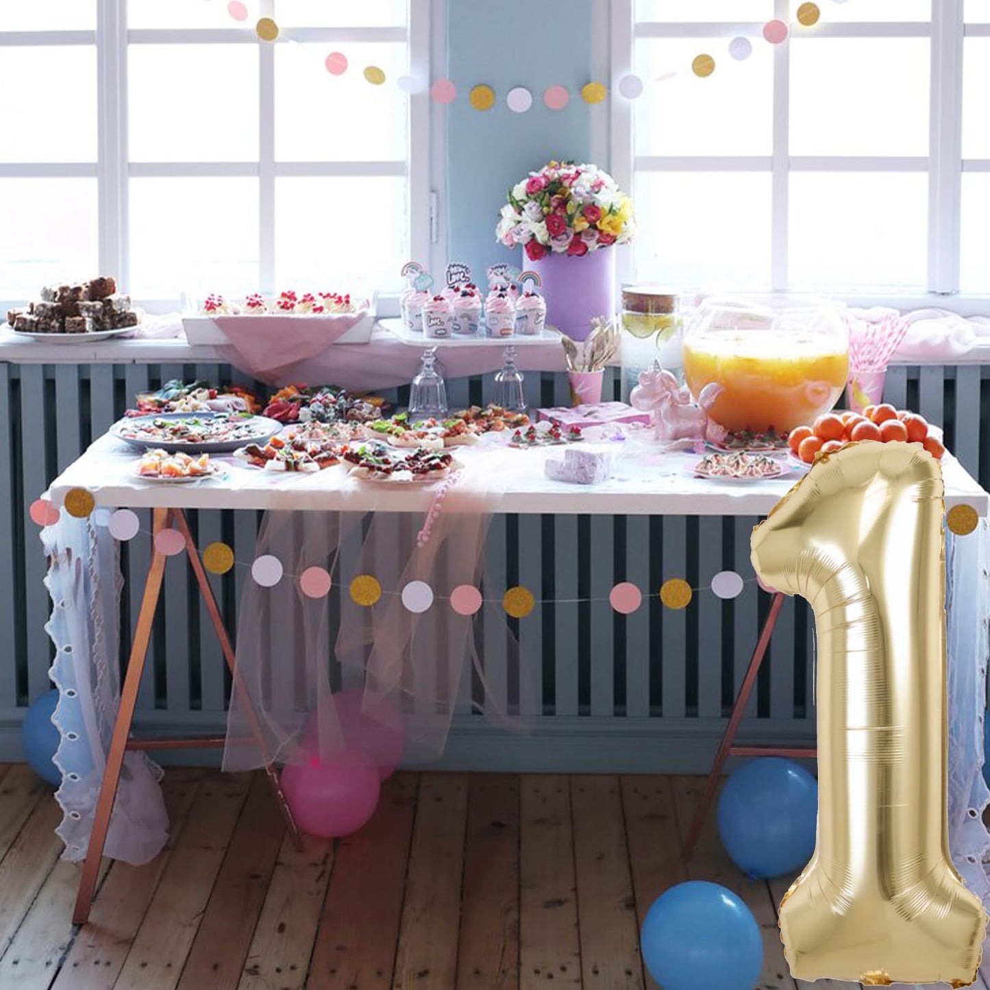40 Inch Giant White Gold Number 1 Balloon, Helium Mylar Foil Number Balloons For Birthday Party, 1St Birthday Decorations For Ki