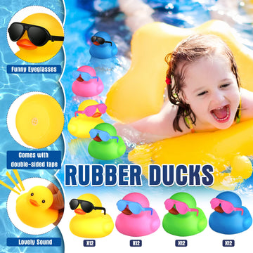 Chivao 48 Pcs Mini Rubber Ducks Bath Duck In Bulk 48 Sunglasses Toy Set Christmas Valentine Duck Gift Bath Toy Bathtub Toys For Gift Holiday Cruise Birthday Party Favor (Multicolor)